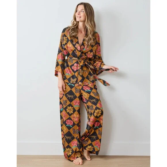 PRINTFRESH Botanical Checkerboard Eco Satin Wrap Pajama Set XL - Picture 5 of 6